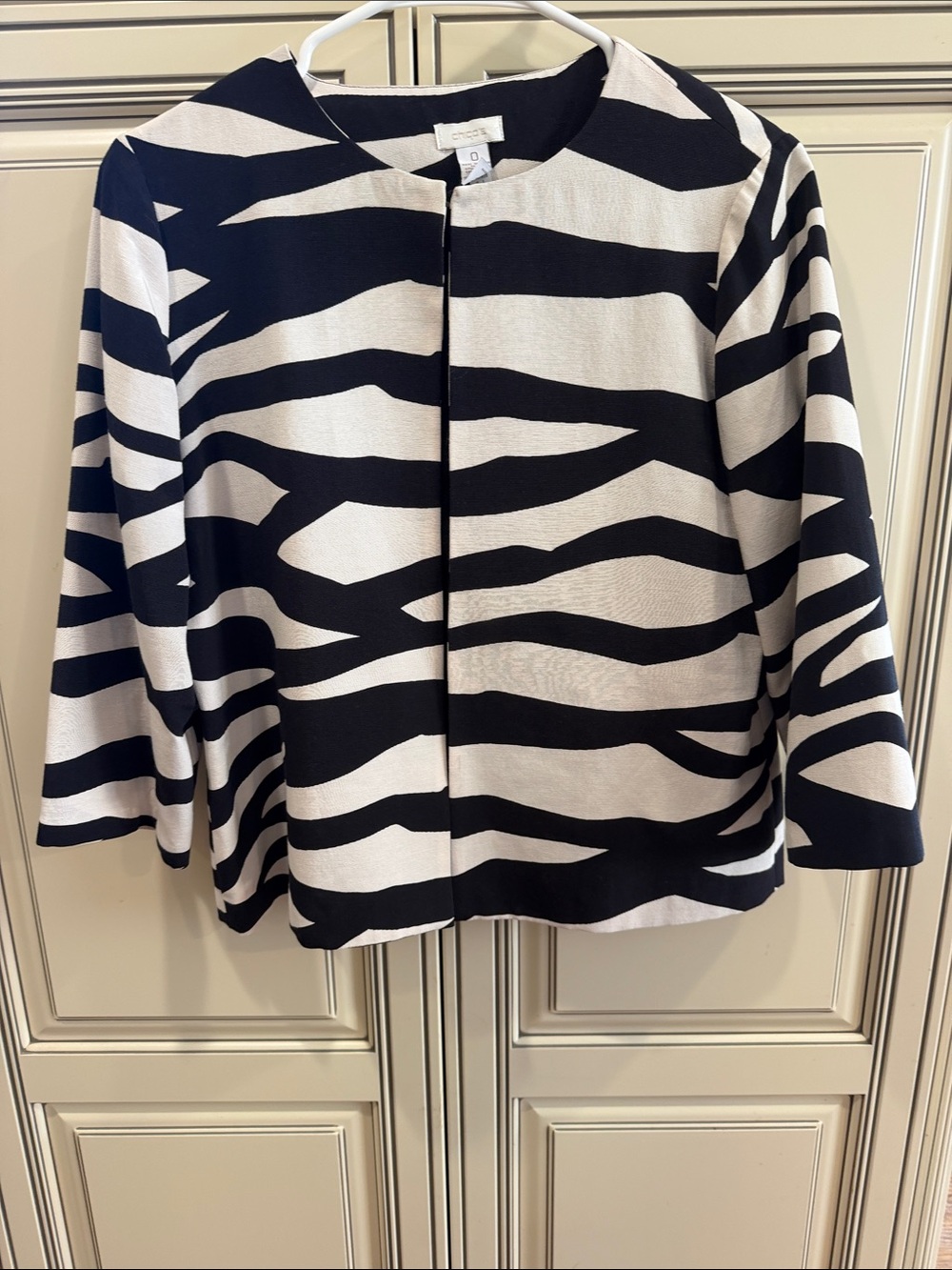Chico’s Black & White Zebra-Print Open Front Jacket